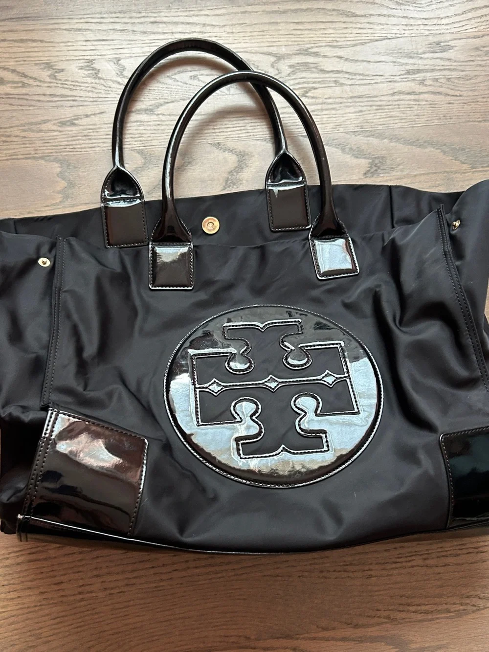 Tory Burch Black Nylon Tote with Glossy Patent Logo
